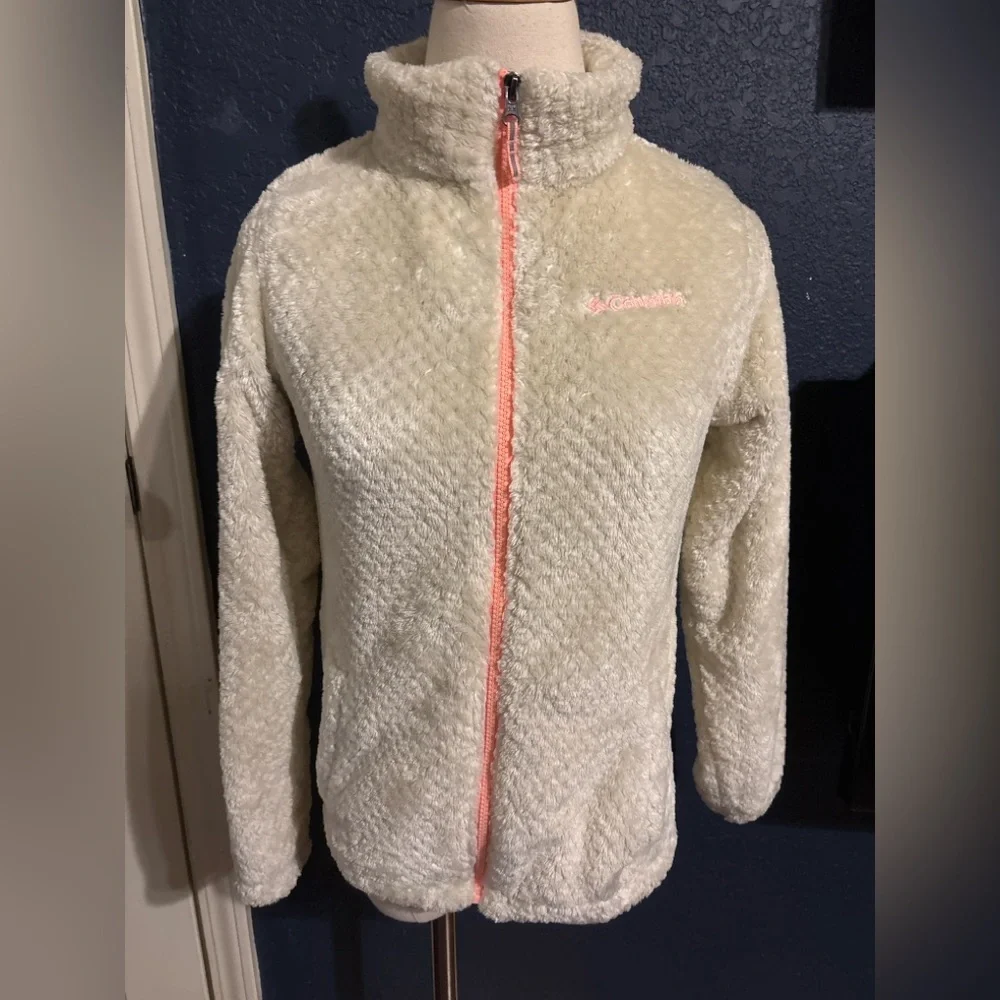 Columbia Girls Fleece Jacket Youth Large 14-16‎ White Pink Zip Up Cozy Teddy